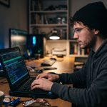A person working at a laptop in a dim room