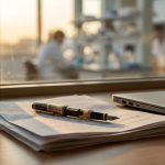 A signed term sheet and fountain pen on a desk beside a laptop