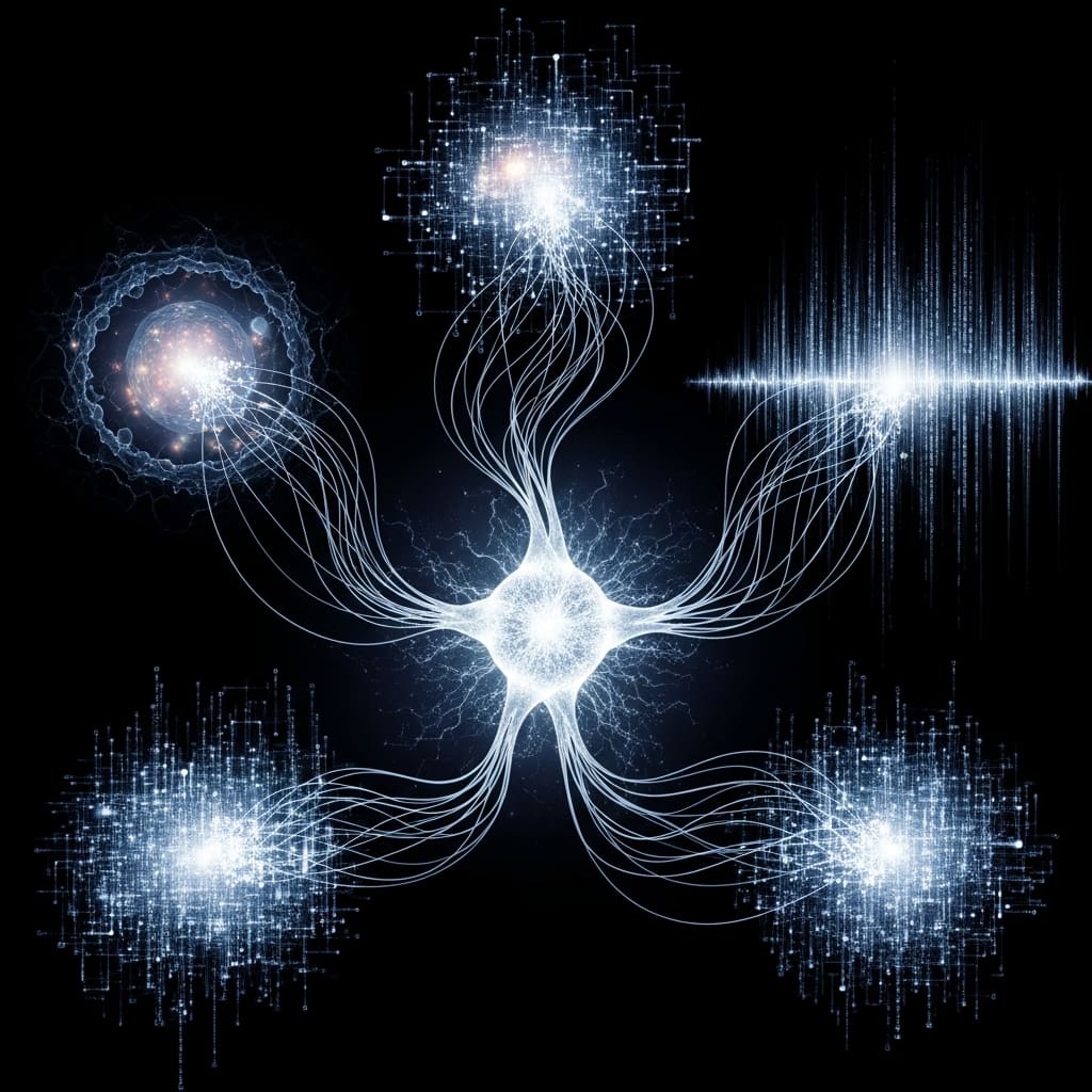 Central neural core projecting branching dynamic query paths outward like searching tendrils, returning structured multimodal data streams of image