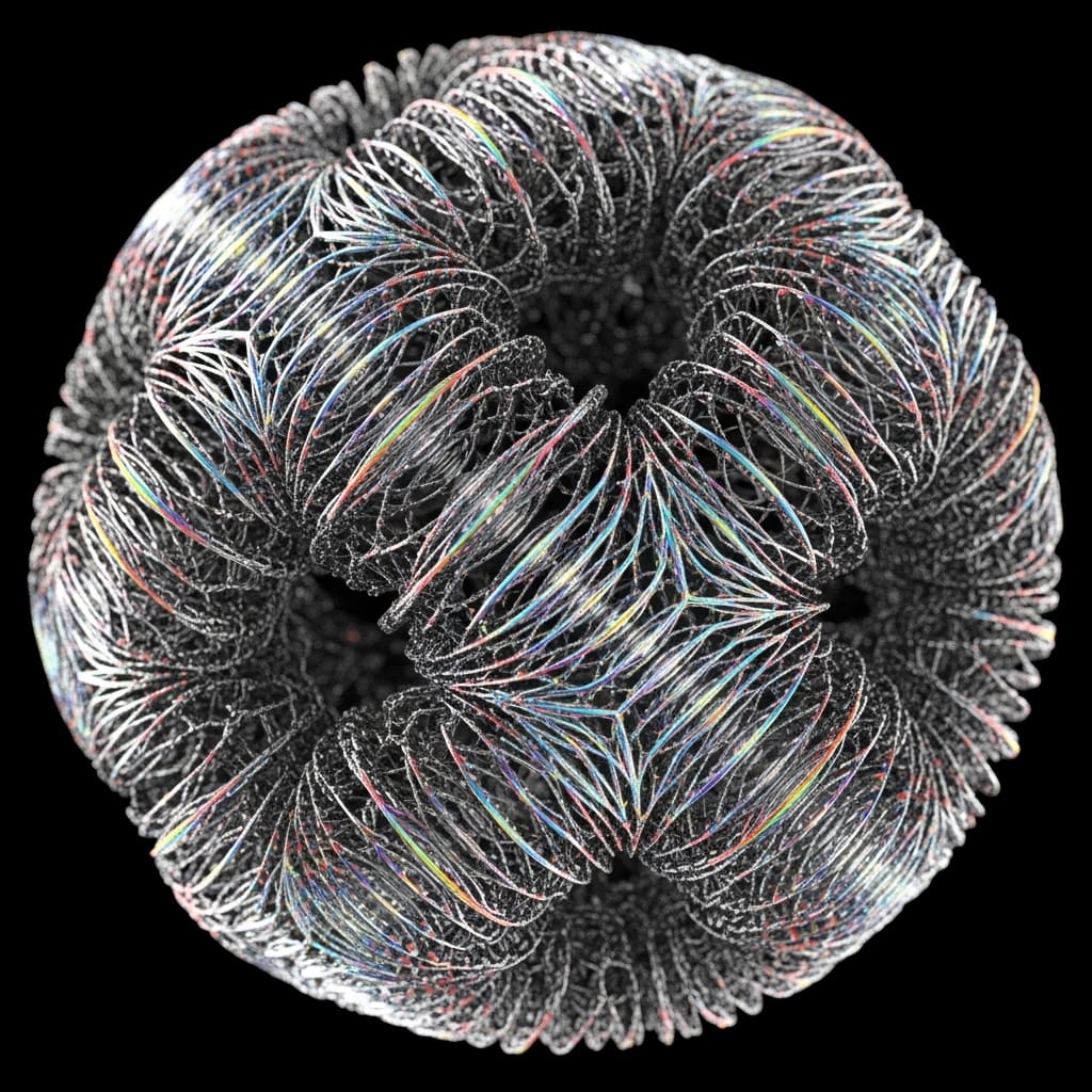 Complex metallic nanostructure with oscillating surface charge waves, frequency-dependent glowing ripples across structure