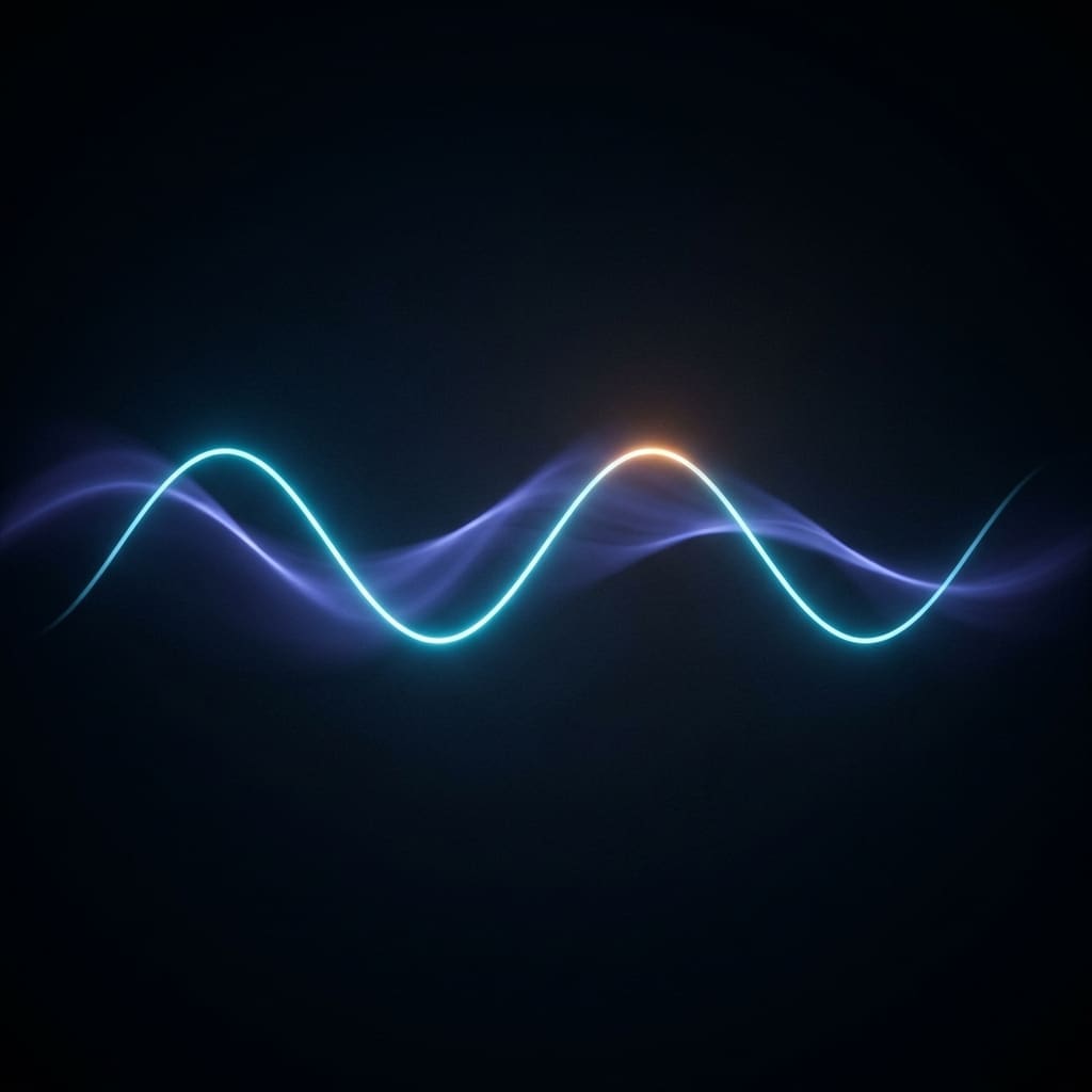 A glowing cyan sinusoidal wave threading through a softer blue smoke-like waveform with a faint orange highlight, on a near-black background.