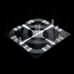 Compact photonic chip suspended in deep black space, thin luminous waveguides forming flexible two-dimensional paths across its surface, bright qubit light pulses smoothly redirected along curved and angular routes