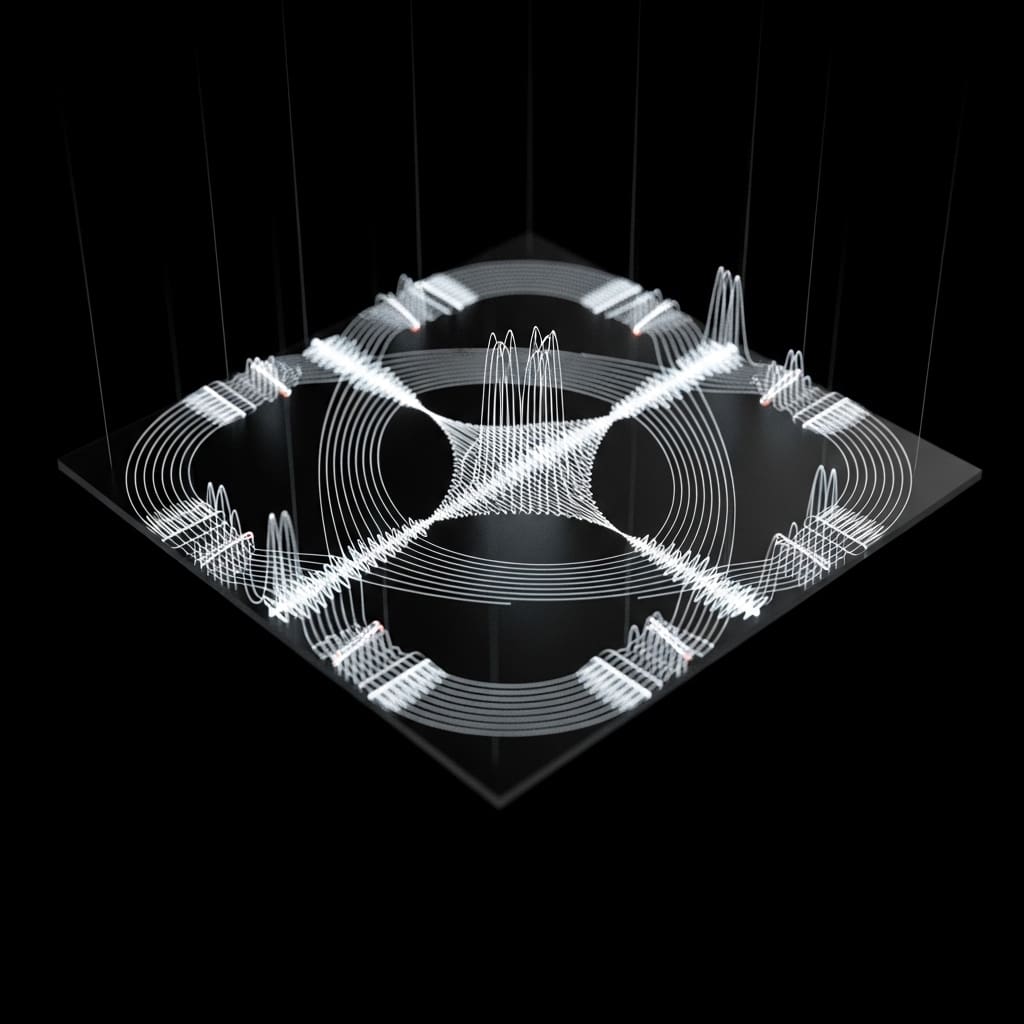Compact photonic chip suspended in deep black space, thin luminous waveguides forming flexible two-dimensional paths across its surface, bright qubit light pulses smoothly redirected along curved and angular routes
