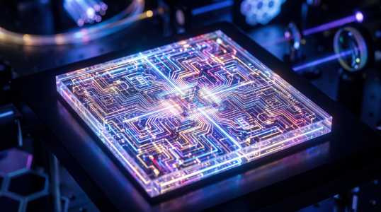 A brightly illuminated microchip rests on a dark surface, showcasing intricate circuit patterns with vibrant blue, pink, and purple hues.