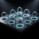 Photonic circuit chip with looping light paths storing faint persistent glow traces, memory-like optical echoes circulating inside