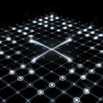 Quantum circuit grid with faint error sparks fading away, stabilized qubit nodes glowing brighter and more uniformly