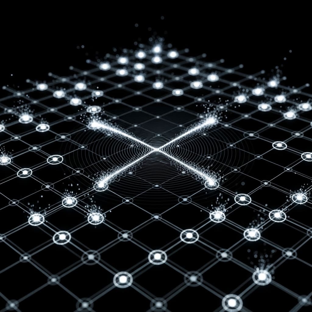 Quantum circuit grid with faint error sparks fading away, stabilized qubit nodes glowing brighter and more uniformly