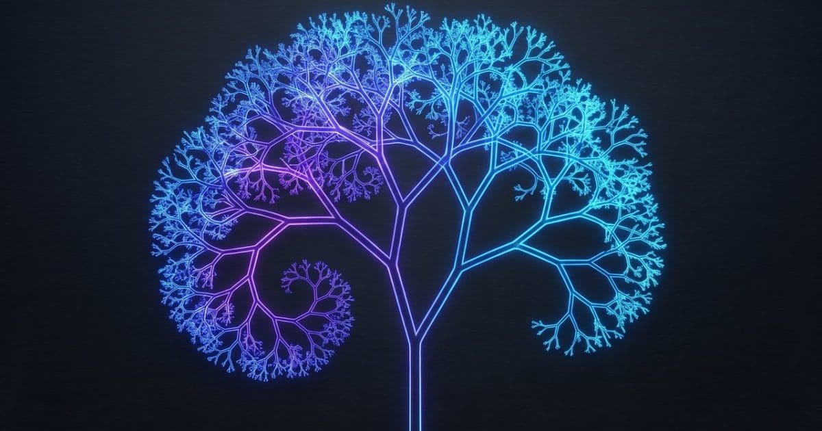Photo : Quantum Zeitgeist A glowing, neon tree with spiraling branches fills the frame against a dark, textured background in shades of blue and purple