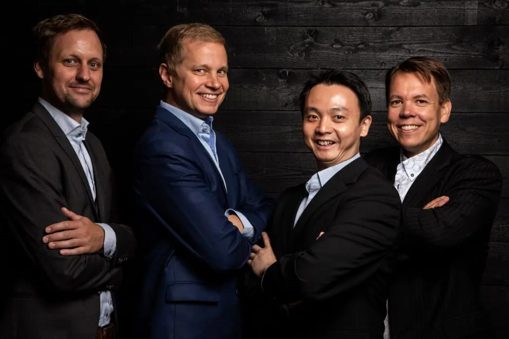 Founders: From left to right: Dr. Jan Goetz, CEO, Prof. Mikko Möttönen, Chief scientist,  Dr. Kuan Yen Tan, CTO,  Dr. Juha Vartiainen, COO