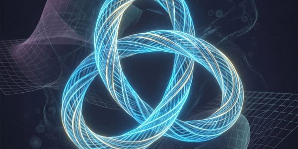 Glowing trefoil knot suspended over a faint grid