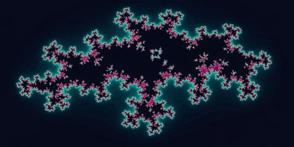 This intricate fractal pattern, resembling a fern, is displayed against a dark blue background with vibrant pink and teal highlights.