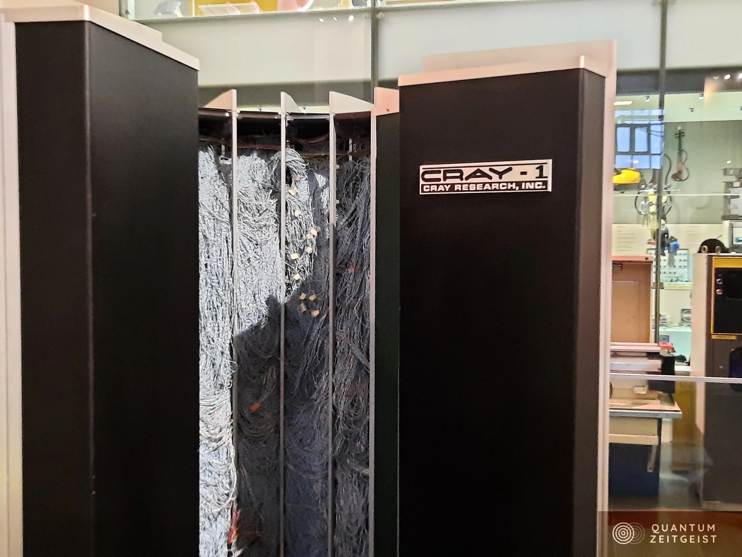 The interior wiring of a Cray-1, seen through opened cabinet panels