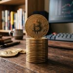 A stack of bitcoin on a desk