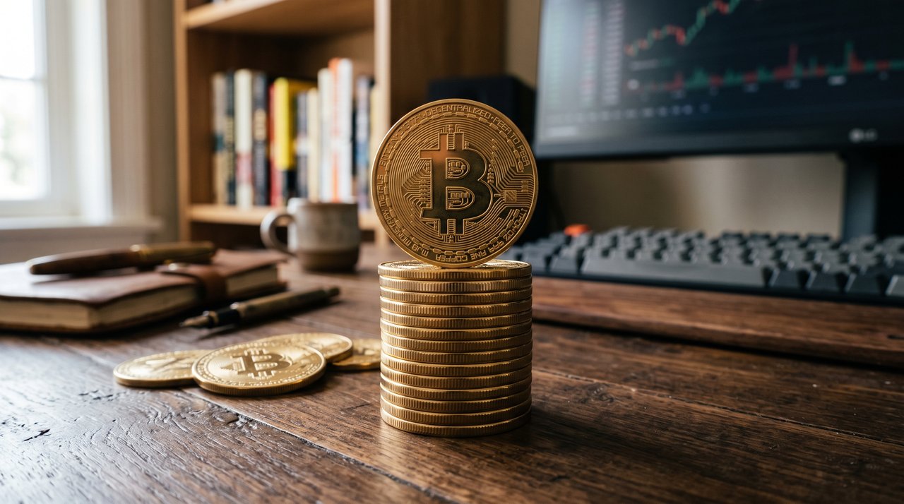 A stack of bitcoin on a desk