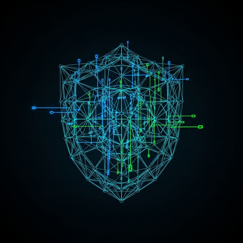 Geometric cryptographic shield formed from complex lattice math structures, secure key streams flowing through it,