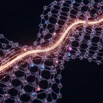 Crystal lattice lightly infused with glowing dopant atoms, superconducting current flowing strongly across structure