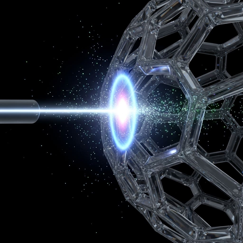 Focused beam of light intersecting a crystalline material lattice, hybrid glowing particles forming at the interaction boundary