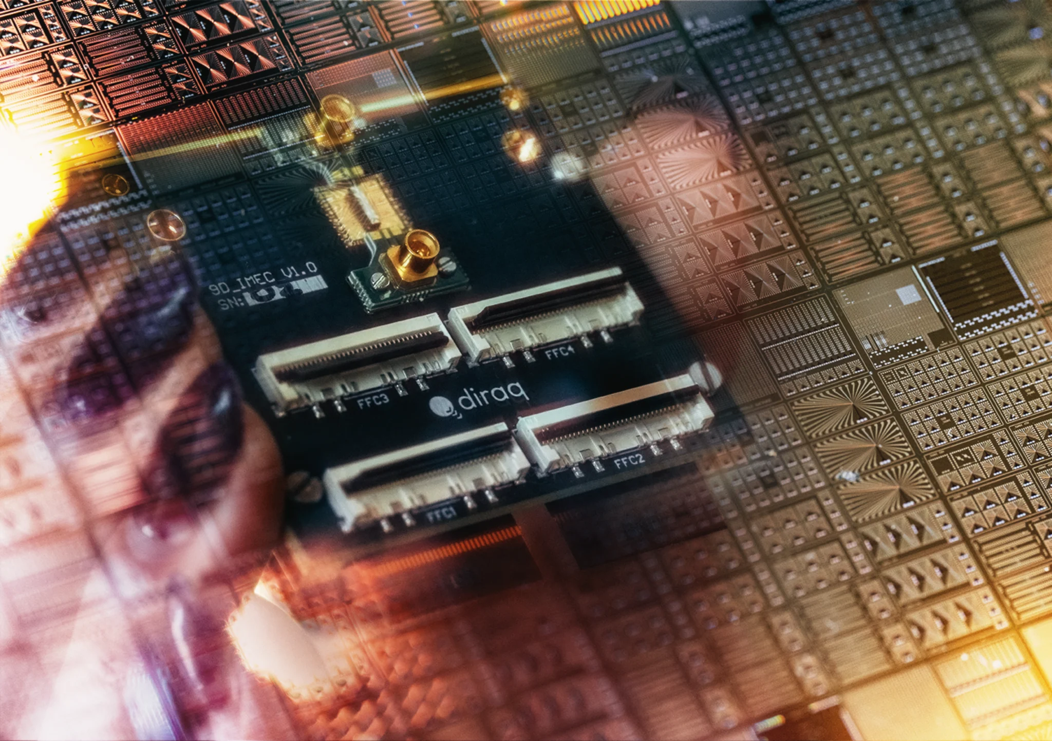Diraq's silicon spin qubit chip reflected in a foundry fabricated silicon wafer