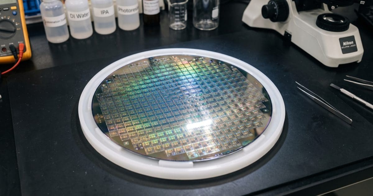 An iridescent silicon wafer on a laboratory bench