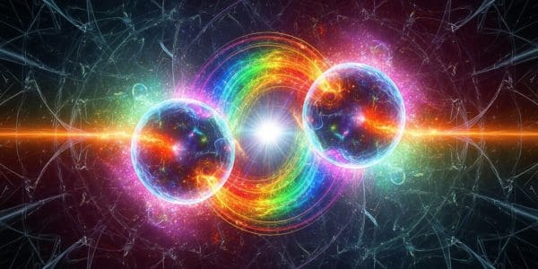 Two luminous quantum spheres connected by a rainbow vortex of energy against a dark fractured background