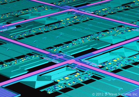 D-wave's 128 qubit array from 2012. Now D-wave can address 2000 qubits using the same principles. Each qubit is a superconducting qubit.