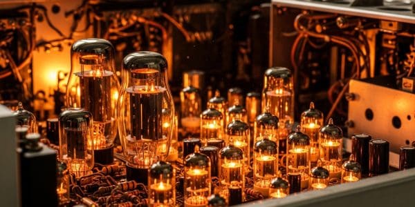 Warmly lit row of vacuum tubes and hand-wiring