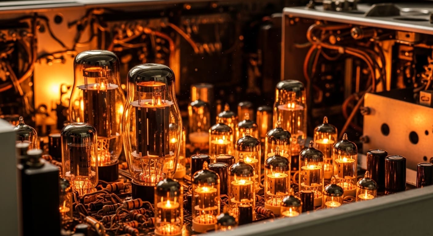 Warmly lit row of vacuum tubes and hand-wiring