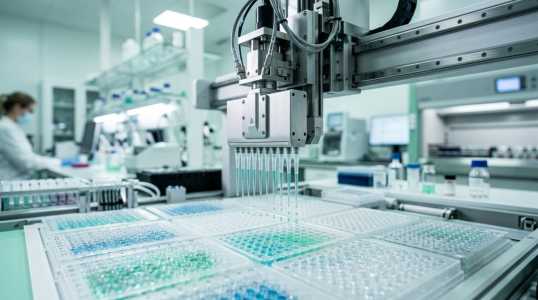 A robotic system precisely transfers liquids into multi-well plates within a modern laboratory setting, utilizing green and white tones.