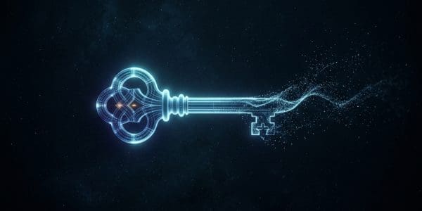 A glowing blue wireframe skeleton key with its end dissolving into scattered particles on a dark background.