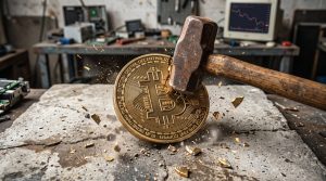 An enormous hammer strikes a Bitcoin logo shattering it across a concrete worktop in a dimly lit workshop.