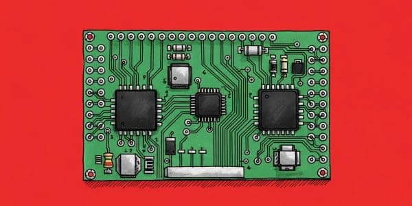 Green circuit board with labelled chips
