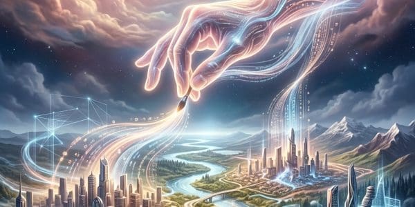 Ethereal hand brushing glowing cities into existence
