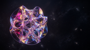 A complex, iridescent geometric sphere floats against a backdrop of a dark, starry space with swirling nebulae.