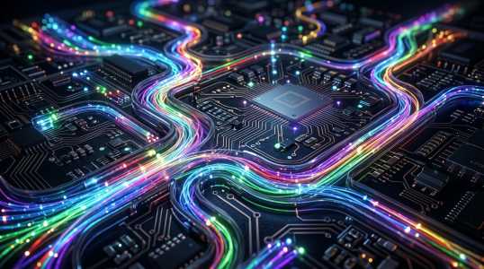 A complex circuit board glows with vibrant, multicolored light trails, representing digital connectivity and technological innovation.