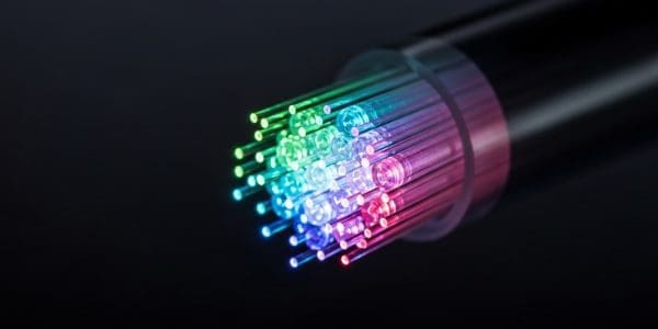 A bundle of optical fibers glowing in rainbow colors emerging from the end of a dark cable.
