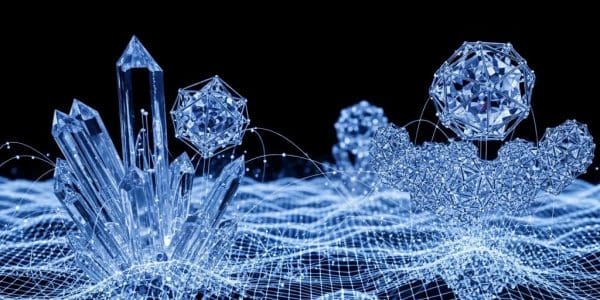 Synthetic material images emerging from generative data grid, crystal structures forming clearly, deep black space