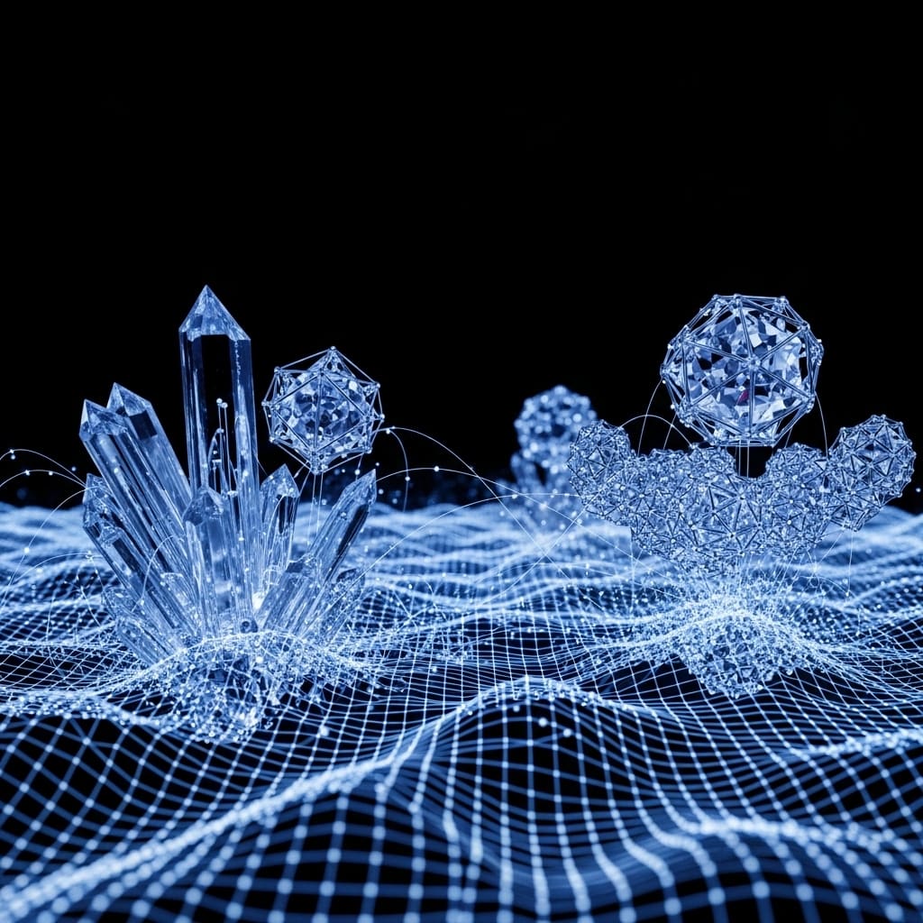 Synthetic material images emerging from generative data grid, crystal structures forming clearly, deep black space