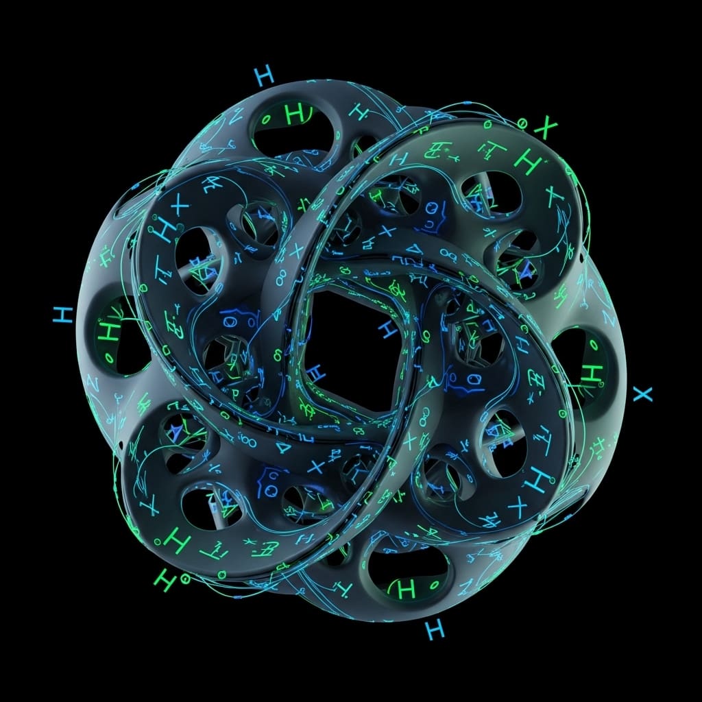 Abstract geometric manifold with quantum gate symbols represented as smooth curved paths across surface