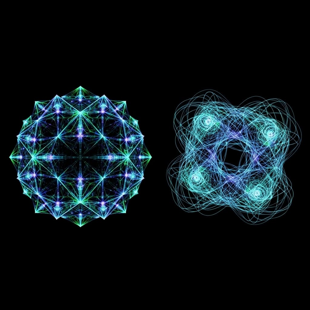 Two abstract geometric group structures floating side by side, one symmetric and constrained with fixed repeating pattern