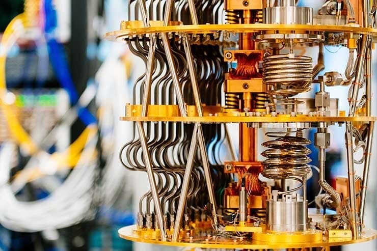 A dilution refrigerator cryostat of the kind that cools the superconducting processors built by Hartmut Neven's Google Quantum AI lab