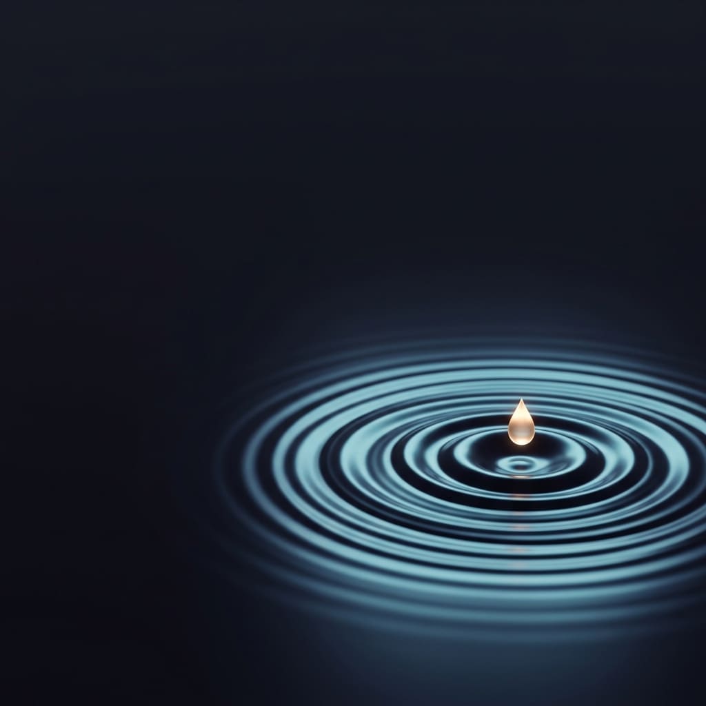 A single illuminated droplet suspended above a dark water surface, sending out concentric circular ripples lit in pale blue.