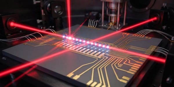 A chain of trapped ions lit by red lasers