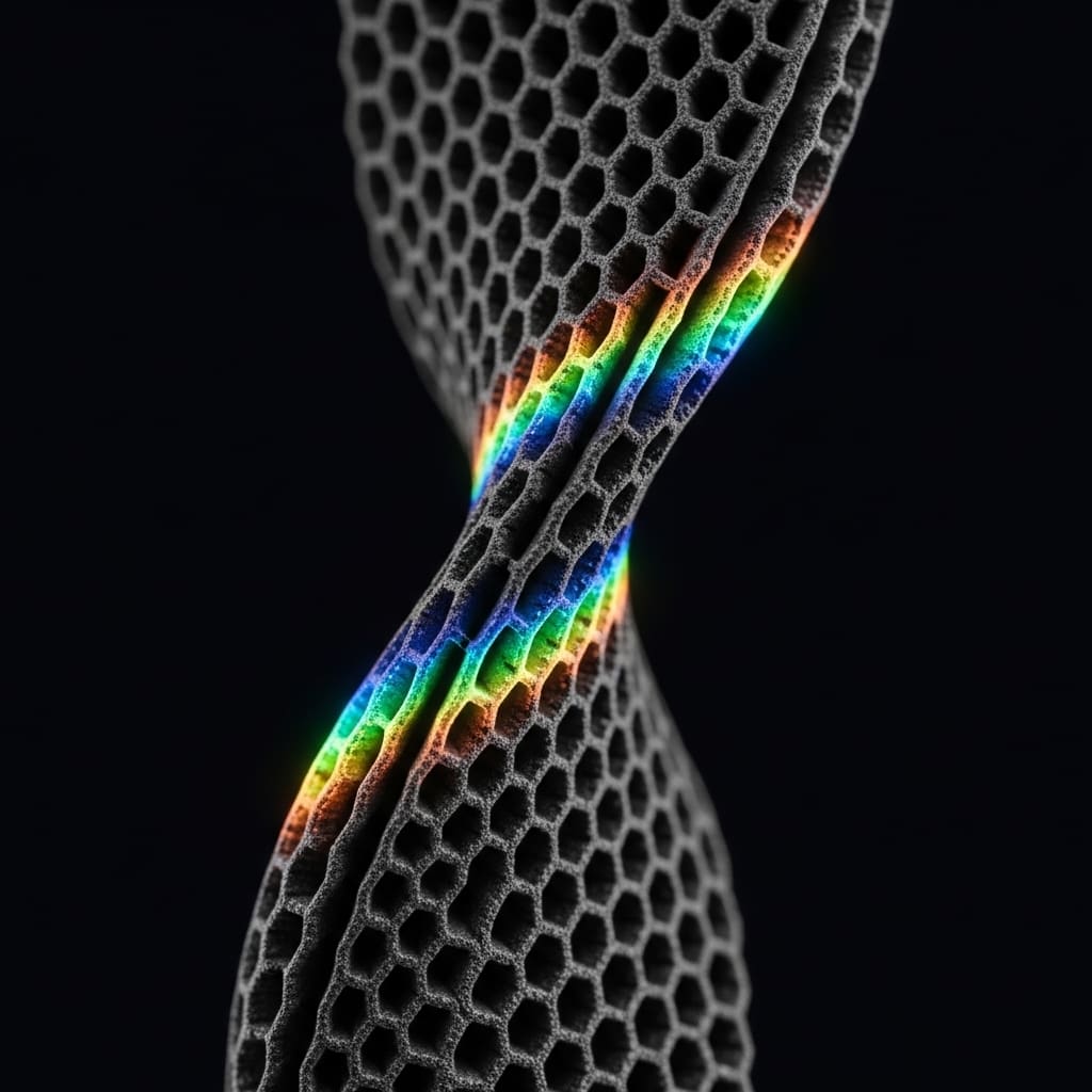 Twisted layered graphite sheets forming diamond-shaped moire interference pattern, flat electronic bands glowing across structure