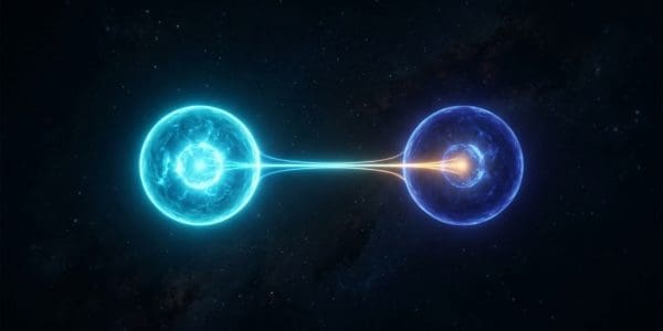 Two glowing spherical orbs, one cyan and one deeper blue, connected by a thin bright filament of light across a dark starry expanse.