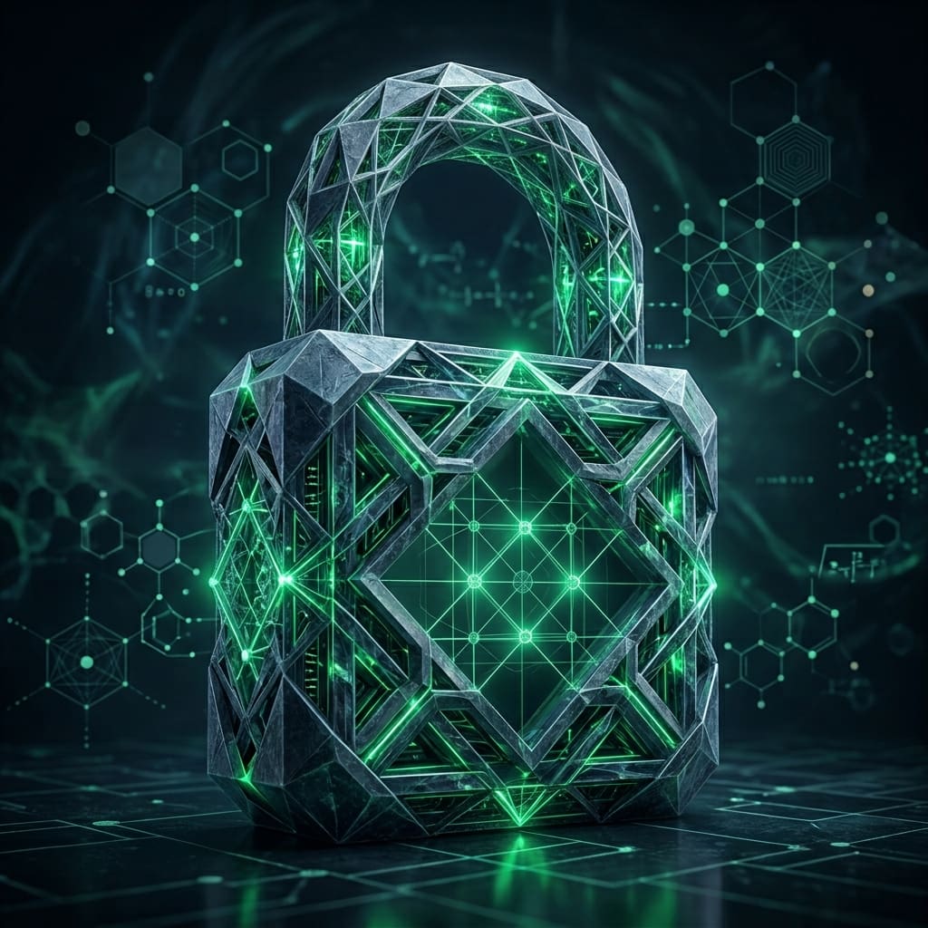 Faceted padlock surrounded by green cryptographic glyphs