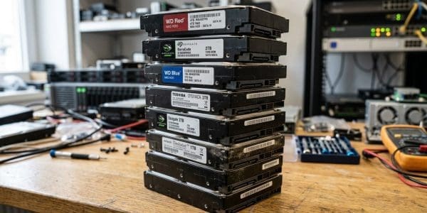 Harvest now decrypt later: a stack of hard drives holding intercepted encrypted data in a lab