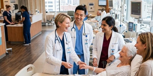 Four healthcare professionals are smiling and interacting with a patient in a bright hospital room.