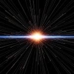 High-energy particle collision with relativistic streaks stretching particle paths, refined trajectories glowing precisely