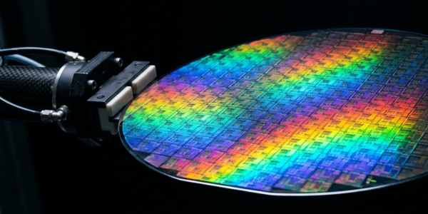 An iridescent silicon wafer held by a robotic arm