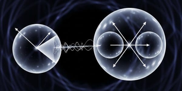 Two glassy spheres marked with spin arrows connected by a wave on a dark field